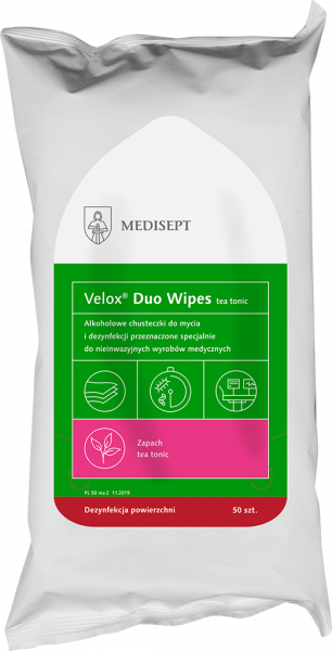 <b>Velox® Duo Wipes 50szt. </b>Alkoholowe chusteczki do dezynfekcji.
